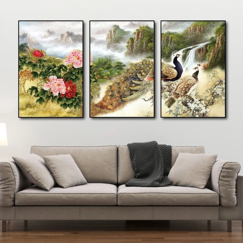 Tranh treo tường chim công và hoa mẫu đơn