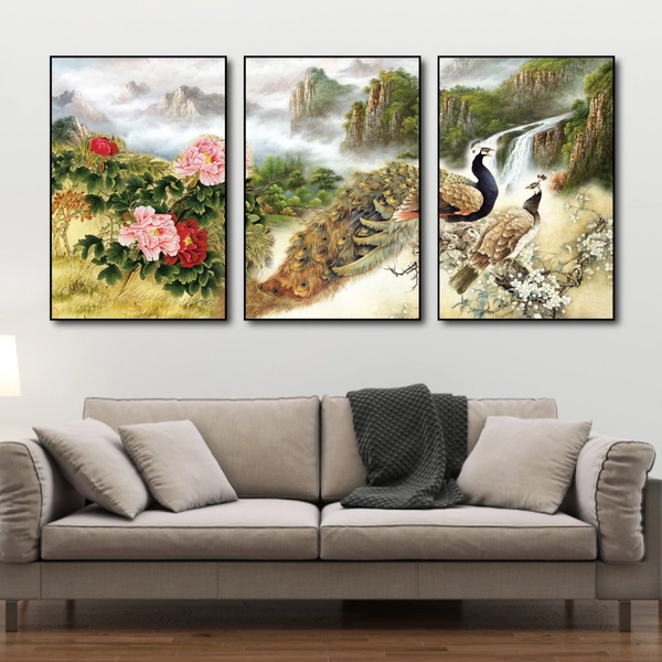 Tranh treo tường chim công và hoa mẫu đơn