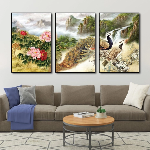 Tranh treo tường chim công và hoa mẫu đơn