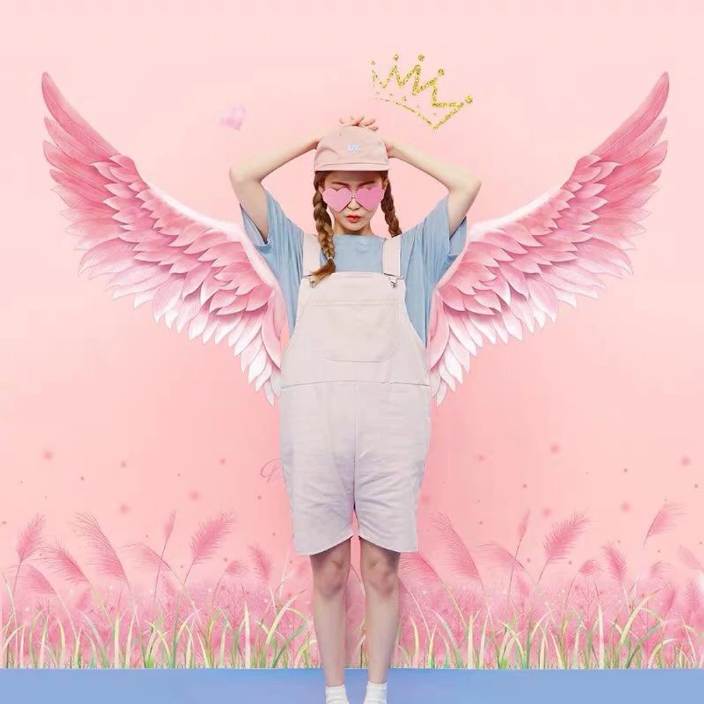 Decal dán chân tường cỏ hồng và đôi cánh hồng