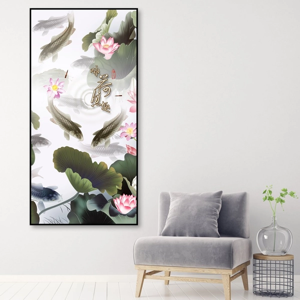 Tranh cửu ngư quần hội bên ao sen hồng