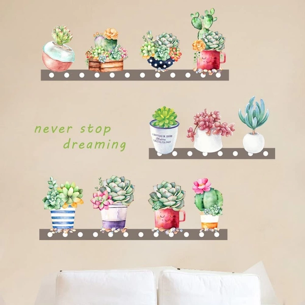 Decal dán tường kệ chậu cây sen đá never stop dreaming