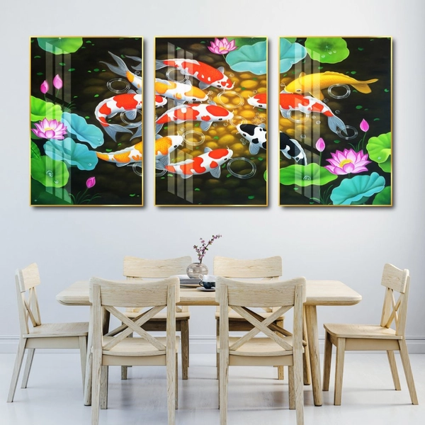 Tranh cửu ngư quần hội bên sen hồng