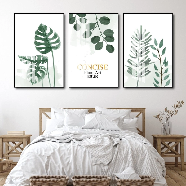 Tranh Treo Tường Bộ 3 Tấm Lá Xanh Nhiệt Đới Tươi Mát