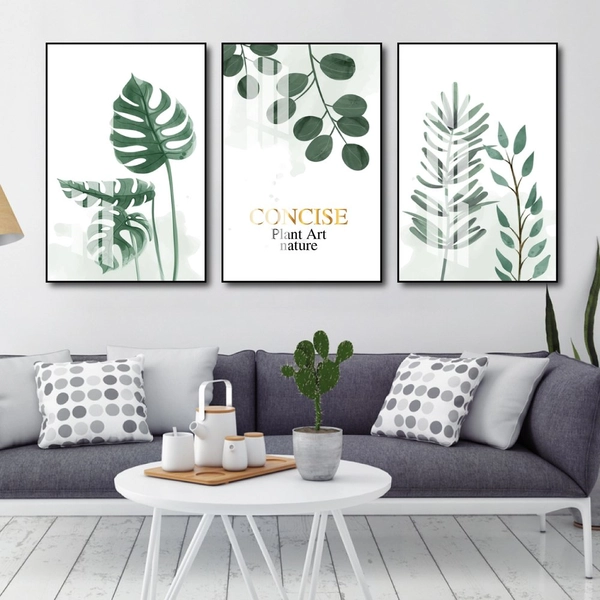 Tranh Treo Tường Bộ 3 Tấm Lá Xanh Nhiệt Đới Tươi Mát