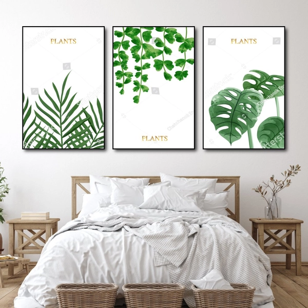 Tranh Treo Tường Bộ 3 Tấm Lá Xanh Nhiệt Đới Tươi Mát