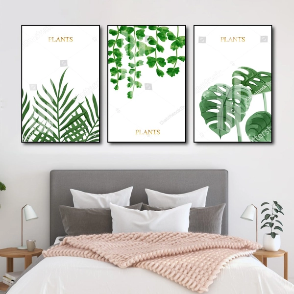 Tranh Treo Tường Bộ 3 Tấm Lá Xanh Nhiệt Đới Tươi Mát