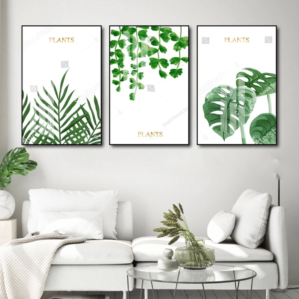 Tranh Treo Tường Bộ 3 Tấm Lá Xanh Nhiệt Đới Tươi Mát