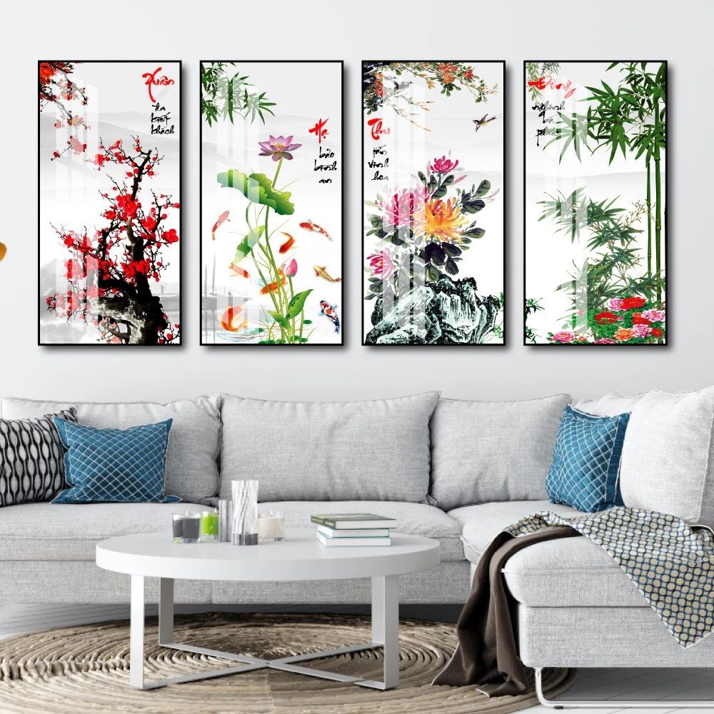 Bộ Tranh Tứ Quý Đào Sen Cúc Trúc