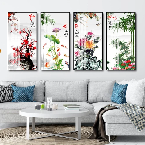 Bộ Tranh Tứ Quý Đào Sen Cúc Trúc