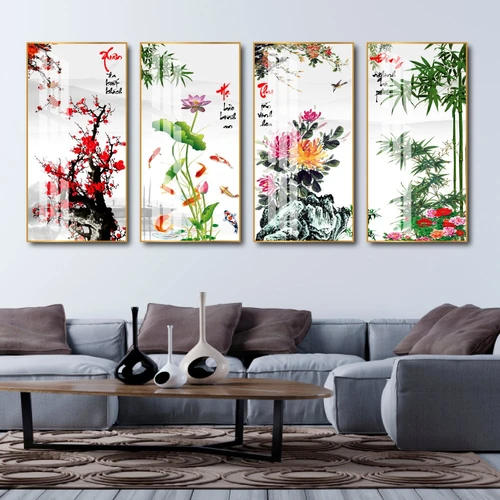 Bộ Tranh Tứ Quý Đào Sen Cúc Trúc