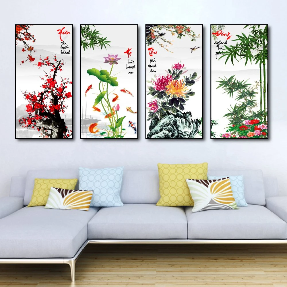 Bộ Tranh Tứ Quý Đào Sen Cúc Trúc