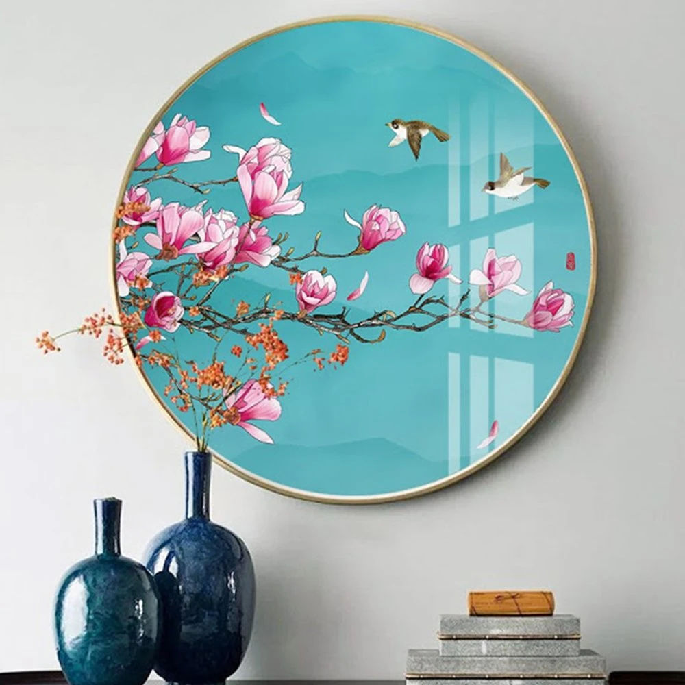 Tranh Tròn Tráng Gương Hoa Đào Và Chim Hỷ Tước