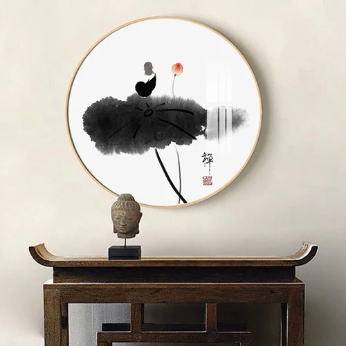 Tranh Tròn Tráng Gương Thủy Mặc Hoa Sen