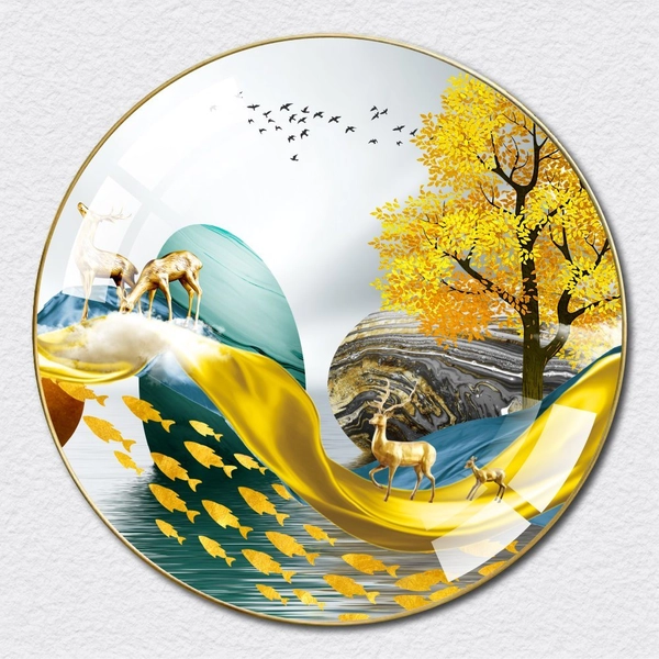 Tranh Tròn Tráng Gương Hươu Vàng Cá Chép