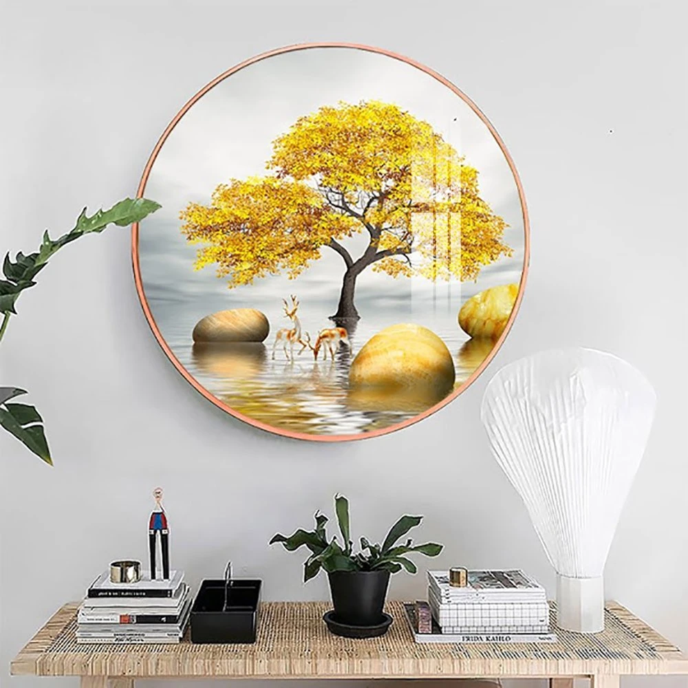 Tranh Tròn Tráng Gương Đôi Hươu Vàng Nghệ Thuật 2