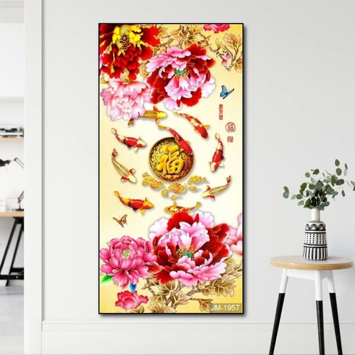 Tranh treo tường cá chép hoa mẫu đơn và chữ phúc đỏ