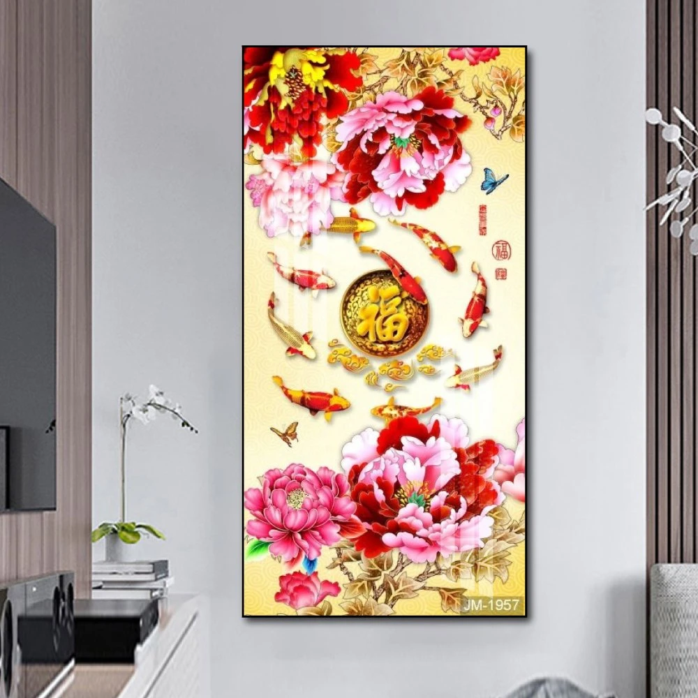 Tranh treo tường cá chép hoa mẫu đơn và chữ phúc đỏ