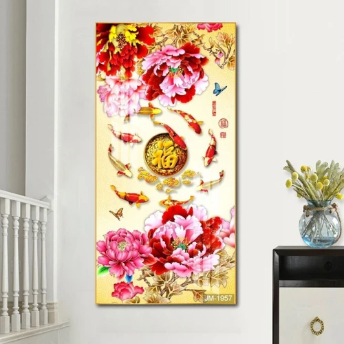 Tranh treo tường cá chép hoa mẫu đơn và chữ phúc đỏ