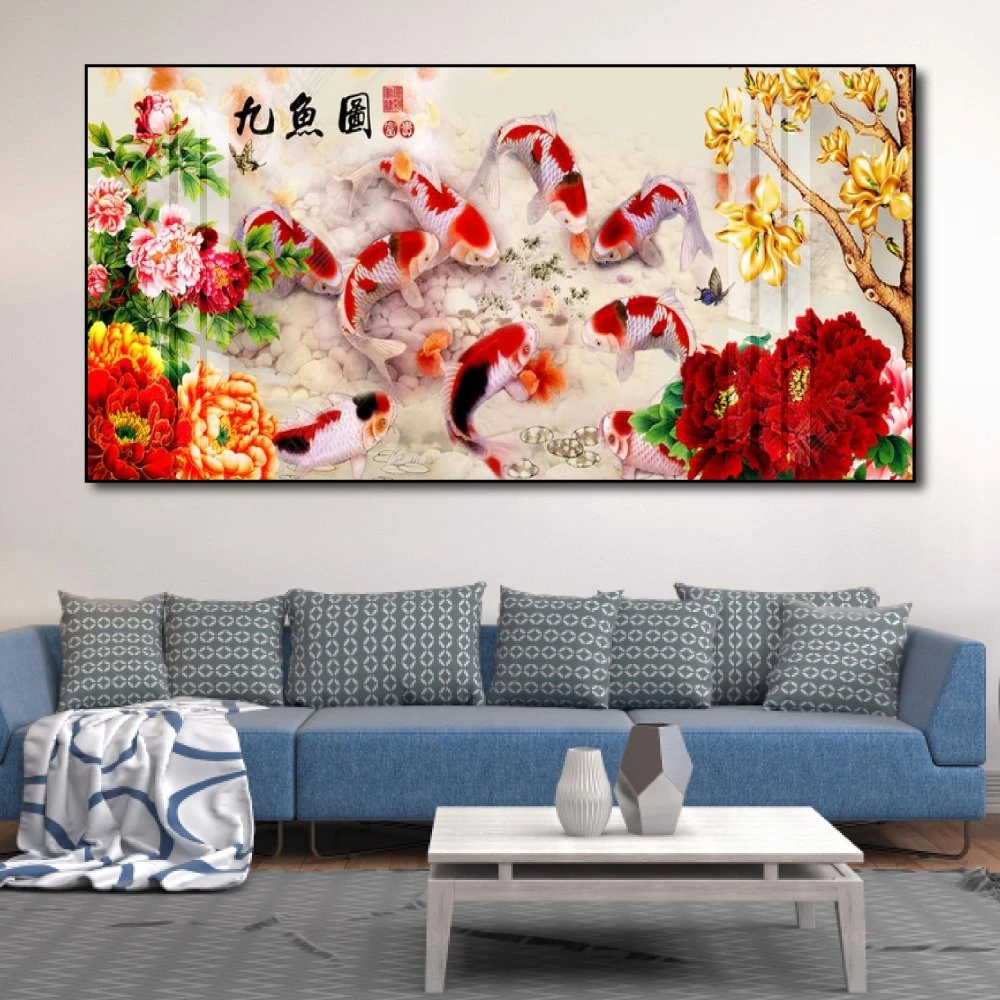 Tranh treo tường cá chép và hoa mẫu đơn