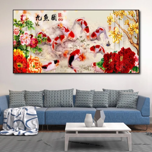 Tranh treo tường cá chép và hoa mẫu đơn