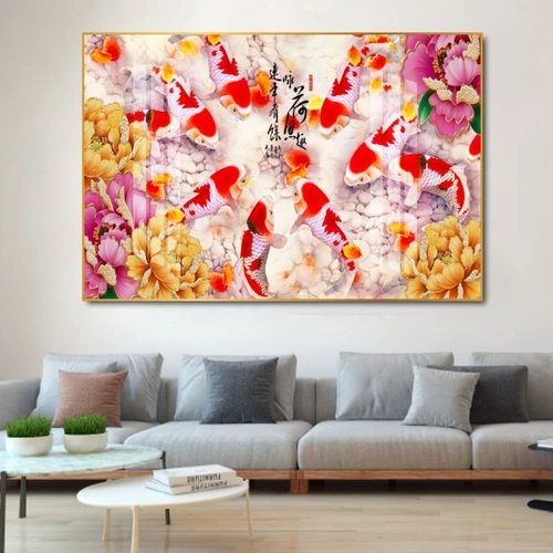 Tranh treo tường cá chép và hoa mẫu đơn 2