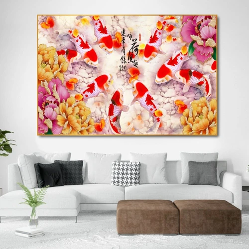 Tranh treo tường cá chép và hoa mẫu đơn 2