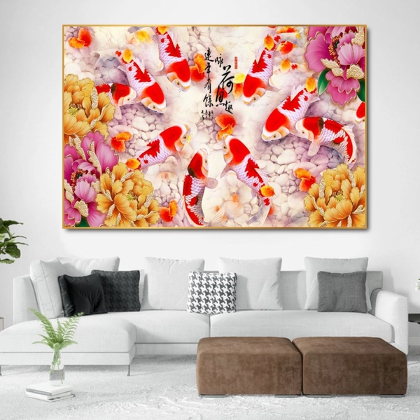 Tranh treo tường cá chép và hoa mẫu đơn 2