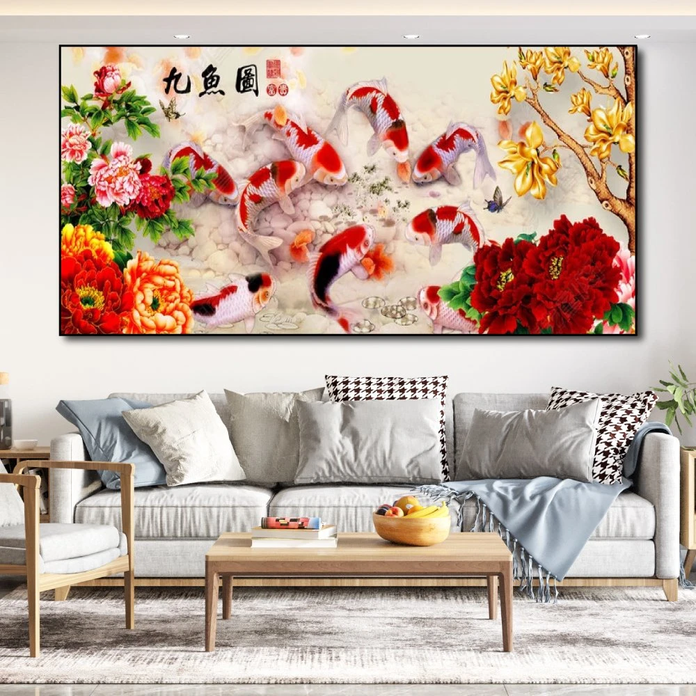 Tranh treo tường cá chép và hoa mẫu đơn