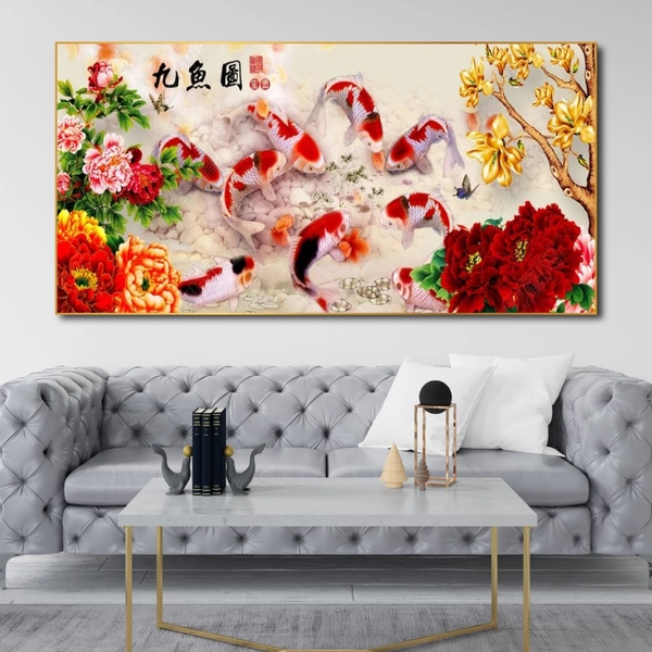Tranh cá chép và hoa mẫu đơn