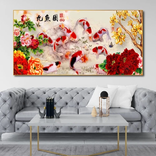 Tranh treo tường cá chép và hoa mẫu đơn