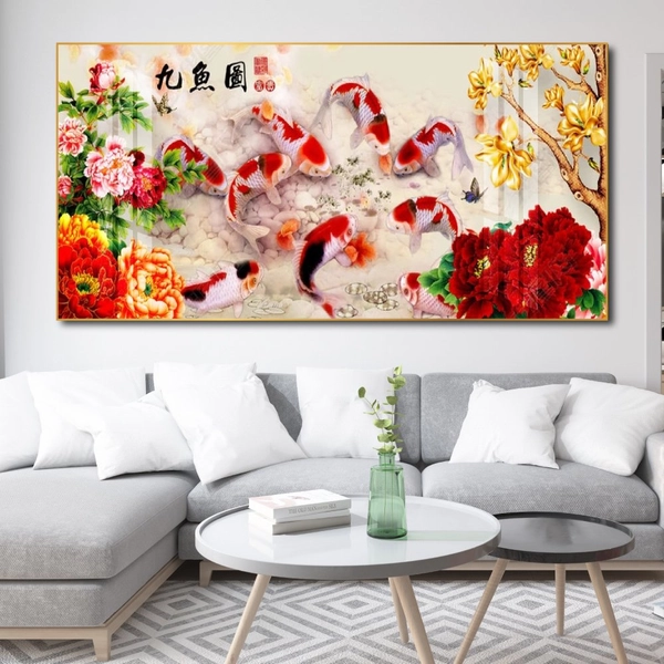 Tranh cá chép và hoa mẫu đơn