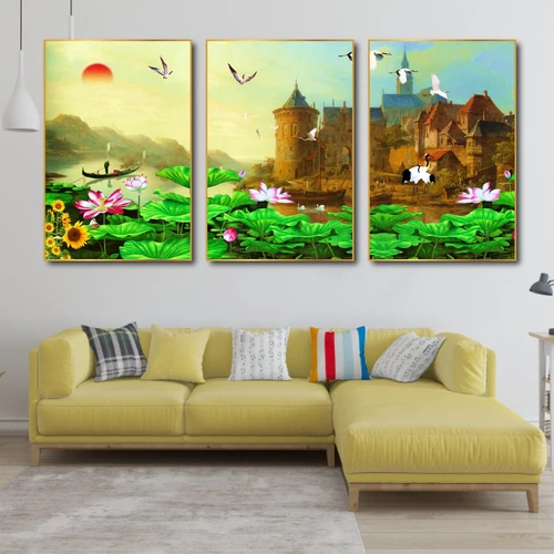 Tranh treo tường hồ sen và lâu đài