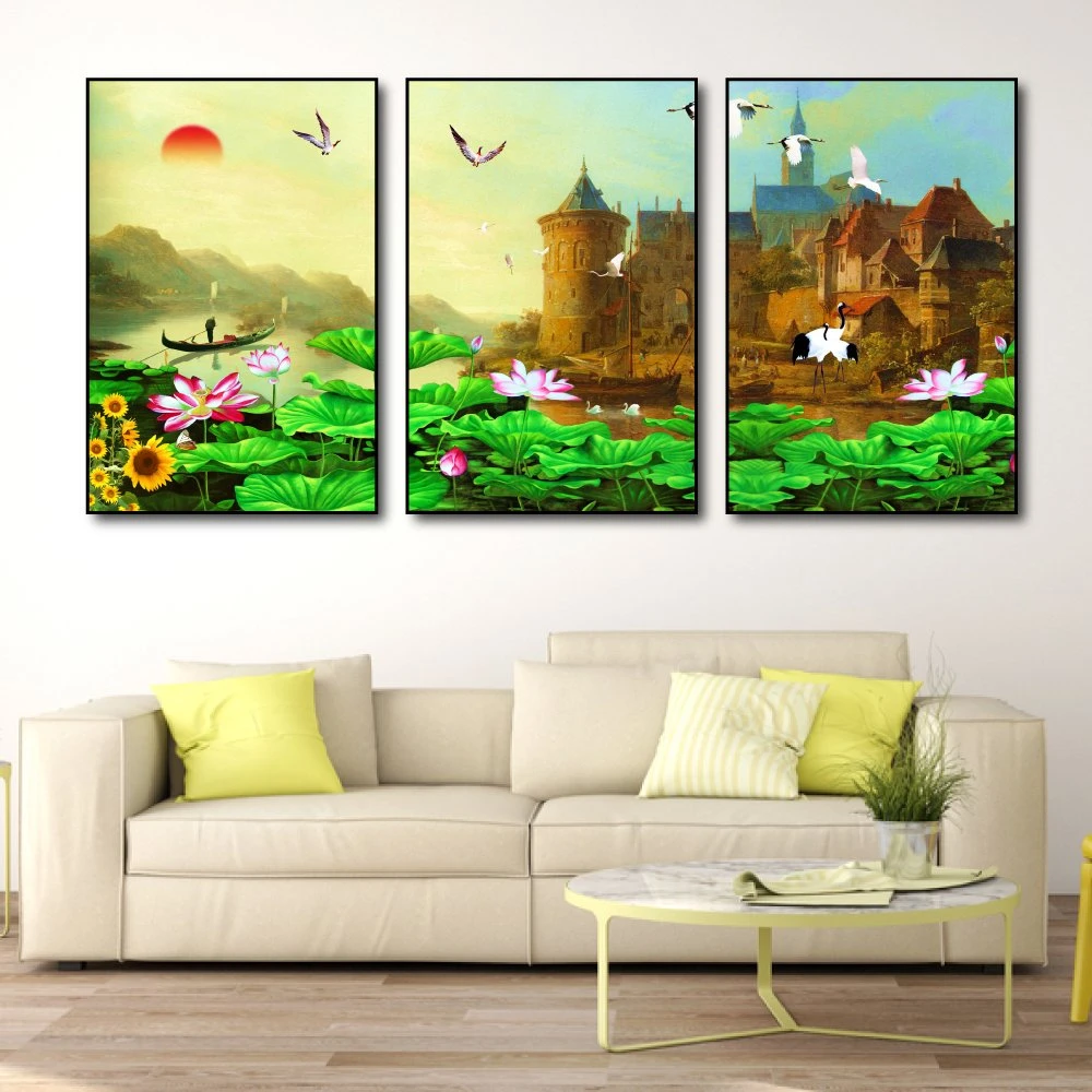 Tranh treo tường hồ sen và lâu đài