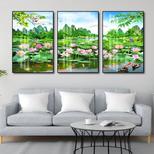 Tranh treo tường hồ sen và núi