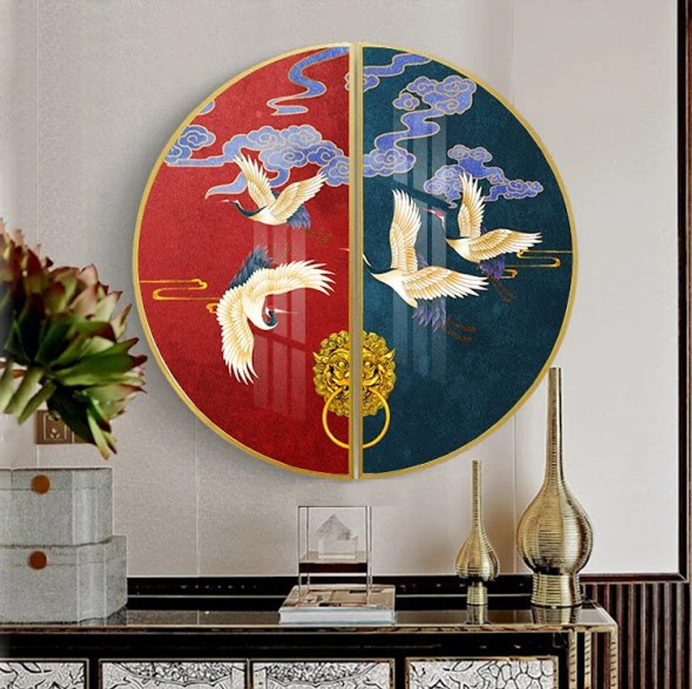 Tranh Bán Nguyệt Nghệ Thuật Hạc Bay Về Trời