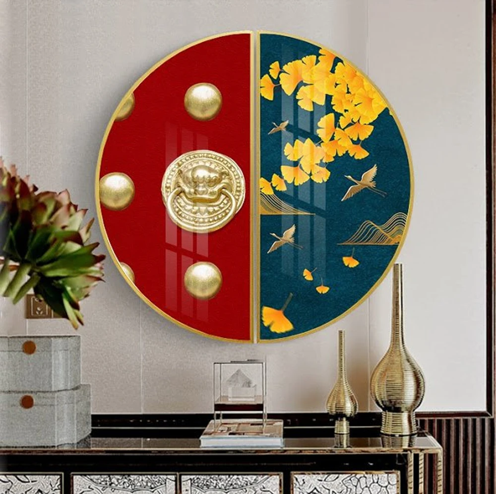 Tranh Bán Nguyệt Nghệ Thuật Kỳ Lân Và Hạc Vàng