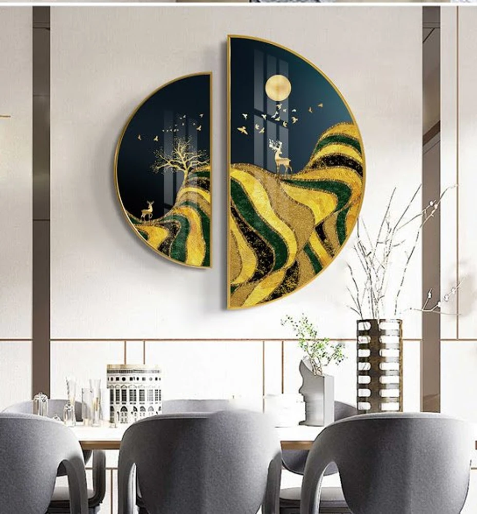 Tranh Bán Nguyệt Nghệ Thuật Hươu Vàng Dưới Ánh Trăng