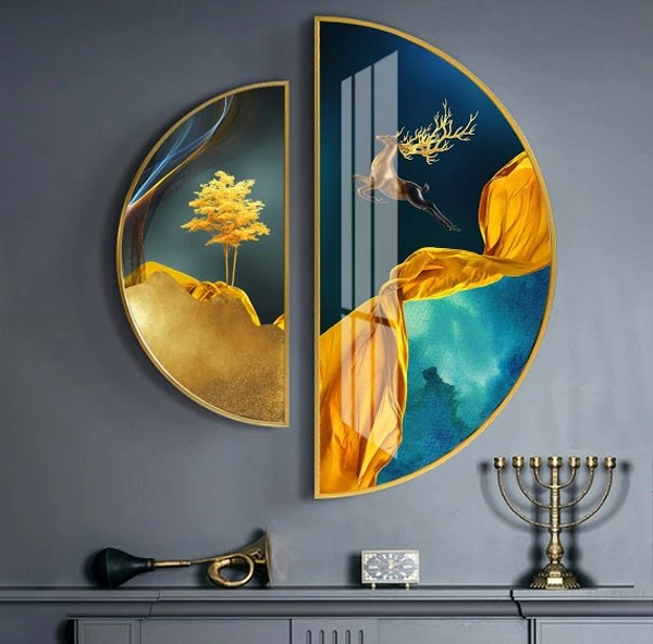 Tranh Bán Nguyệt Nghệ Thuật Hươu Vàng Dưới Ánh Trăng