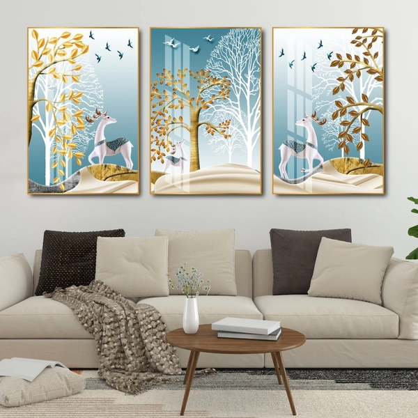 Tranh treo tường 3d đôi hươu hoa tài lộc và cây cách điệu