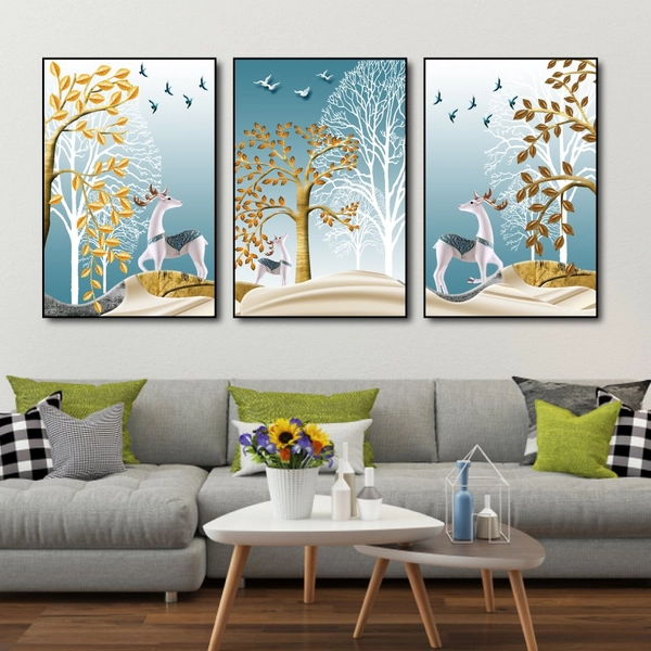 Tranh treo tường 3d đôi hươu hoa tài lộc và cây cách điệu