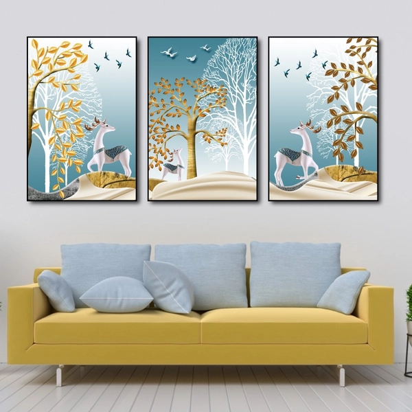 Tranh treo tường 3d đôi hươu hoa tài lộc và cây cách điệu