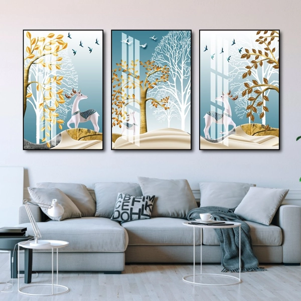 Tranh treo tường 3d đôi hươu hoa tài lộc và cây cách điệu