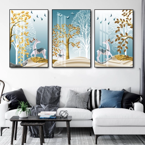 Tranh treo tường 3d đôi hươu hoa tài lộc và cây cách điệu