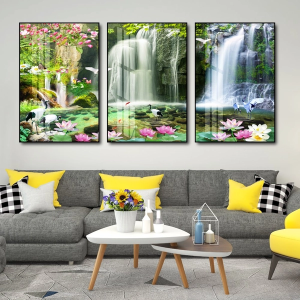 Tranh treo tường hồ sen hồng và thác nước