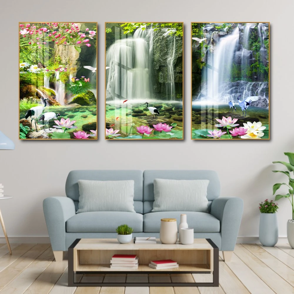 Tranh treo tường hồ sen hồng và thác nước