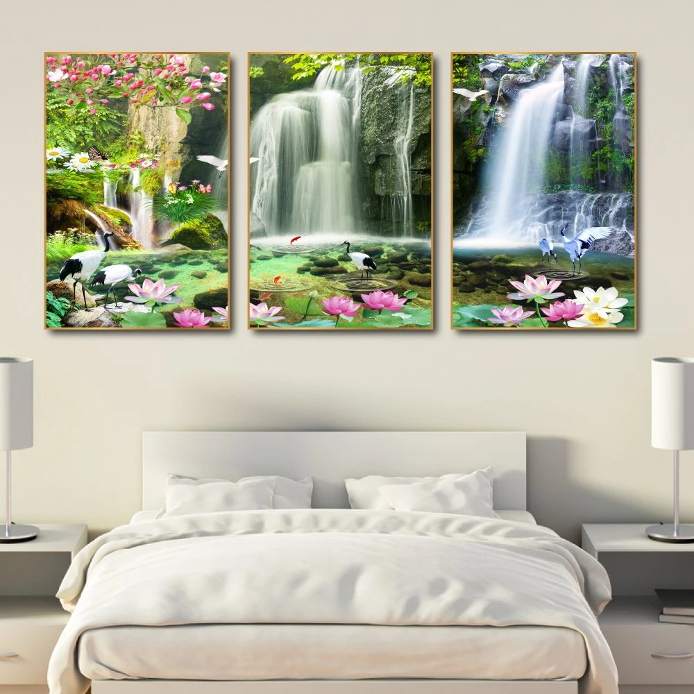 Tranh treo tường hồ sen hồng và thác nước