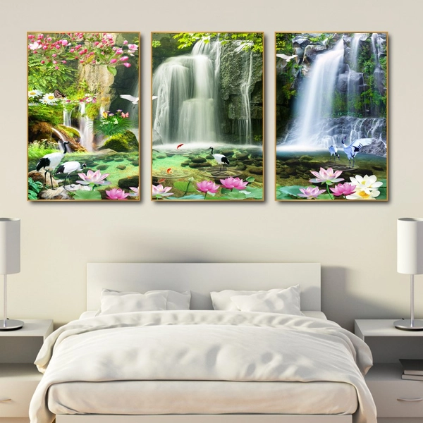 Tranh treo tường hồ sen hồng và thác nước