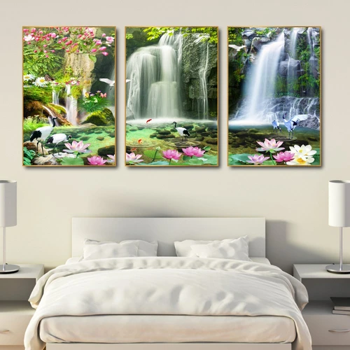 Tranh treo tường hồ sen hồng và thác nước