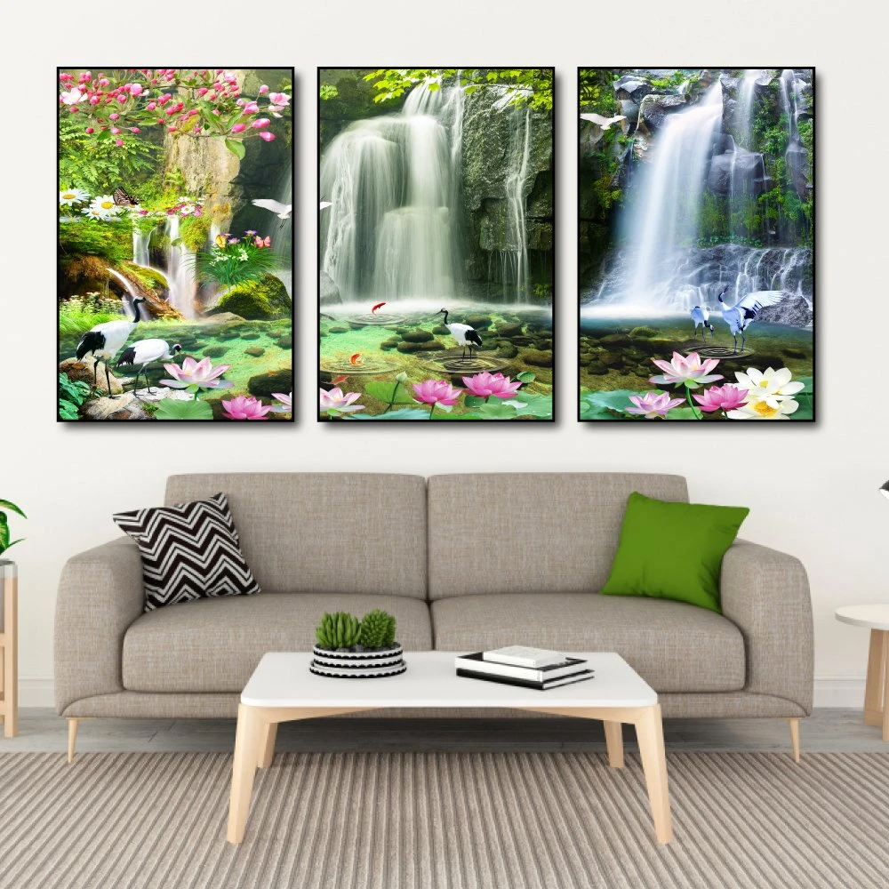 Tranh treo tường hồ sen hồng và thác nước